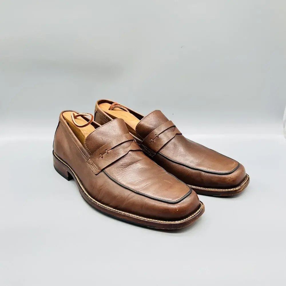 Johnston & Murphy Shoes Mens 9 Brown Leather Slip On Penny Loafer Square Toe